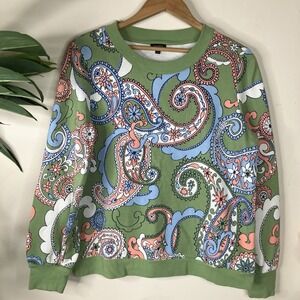 Talbots Womens Floral Paisley Print Sweatshirt Sweater L Boho Hippie Green Blue